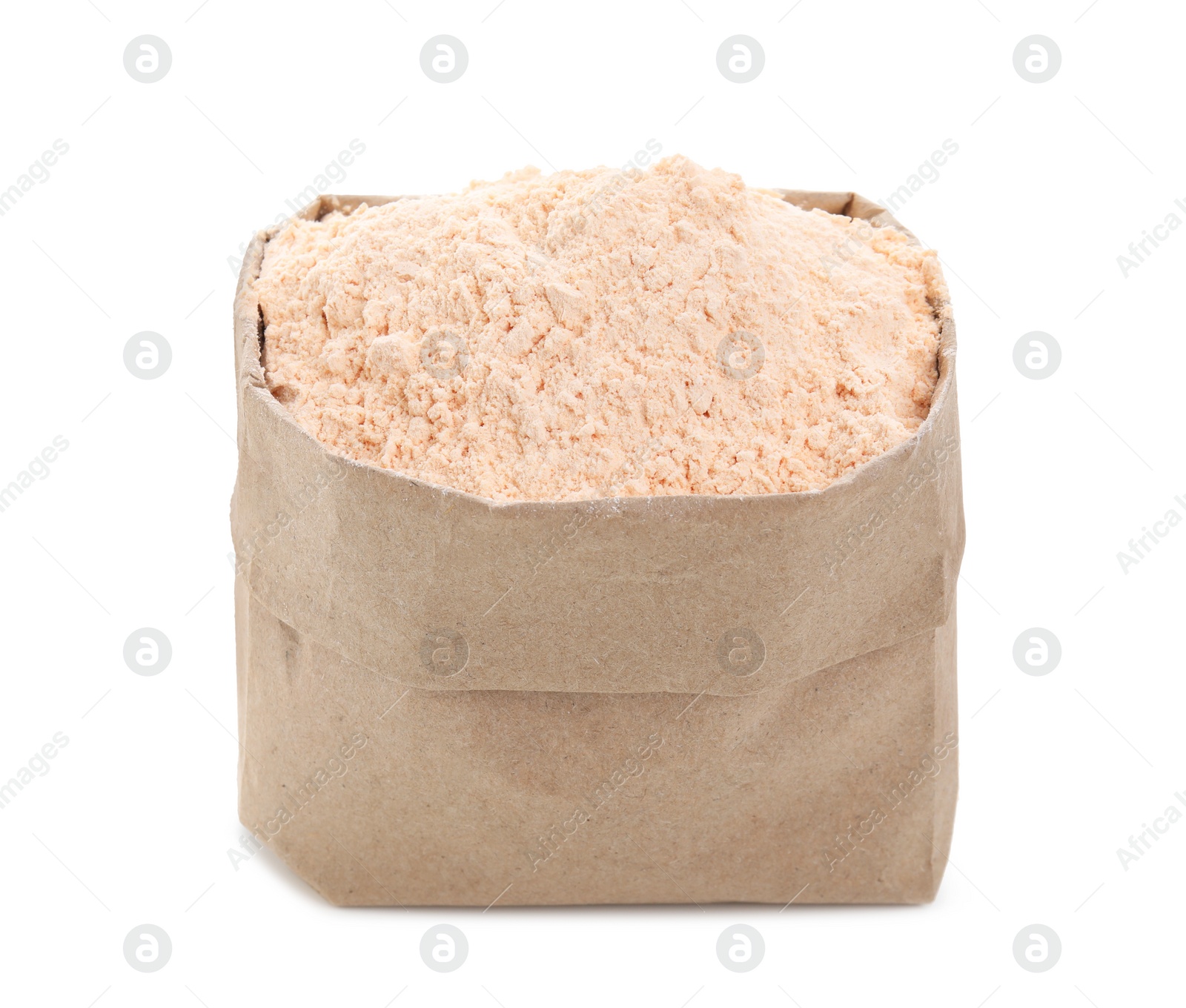 Photo of Lentil flour in paper bag isolated on white