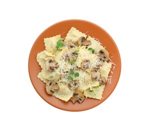 Photo of Plate of delicious ravioli with mushrooms and cheese isolated on white, top view