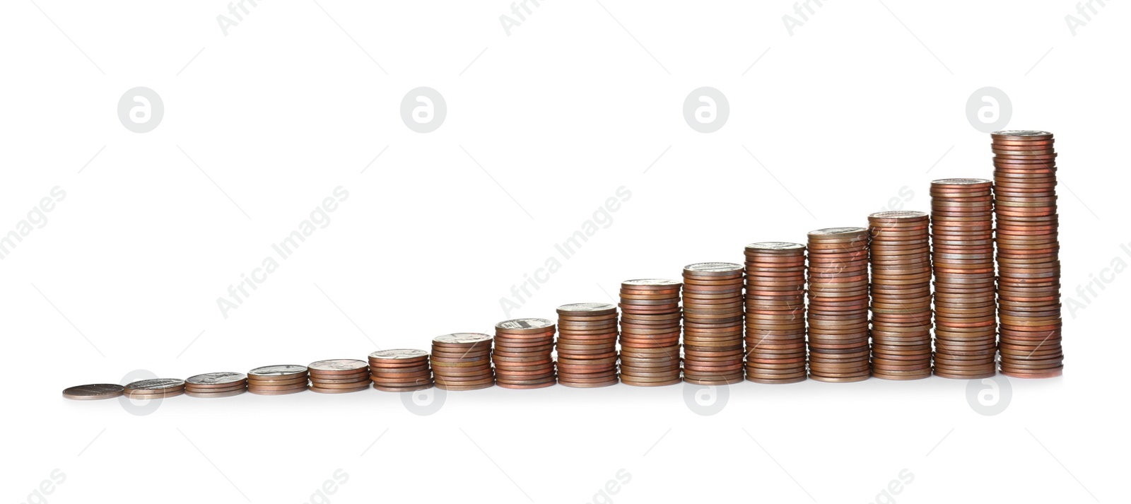 Photo of Stacked United States cent coins isolated on white