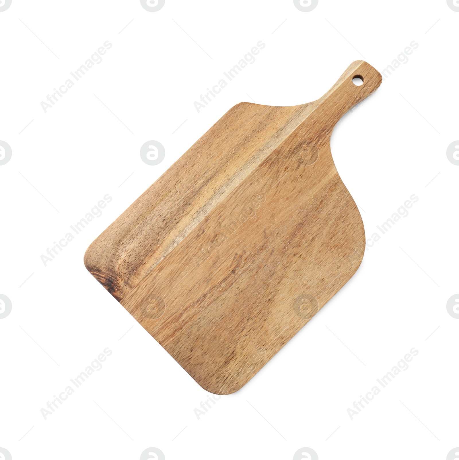 Photo of One wooden cutting board isolated on white, top view