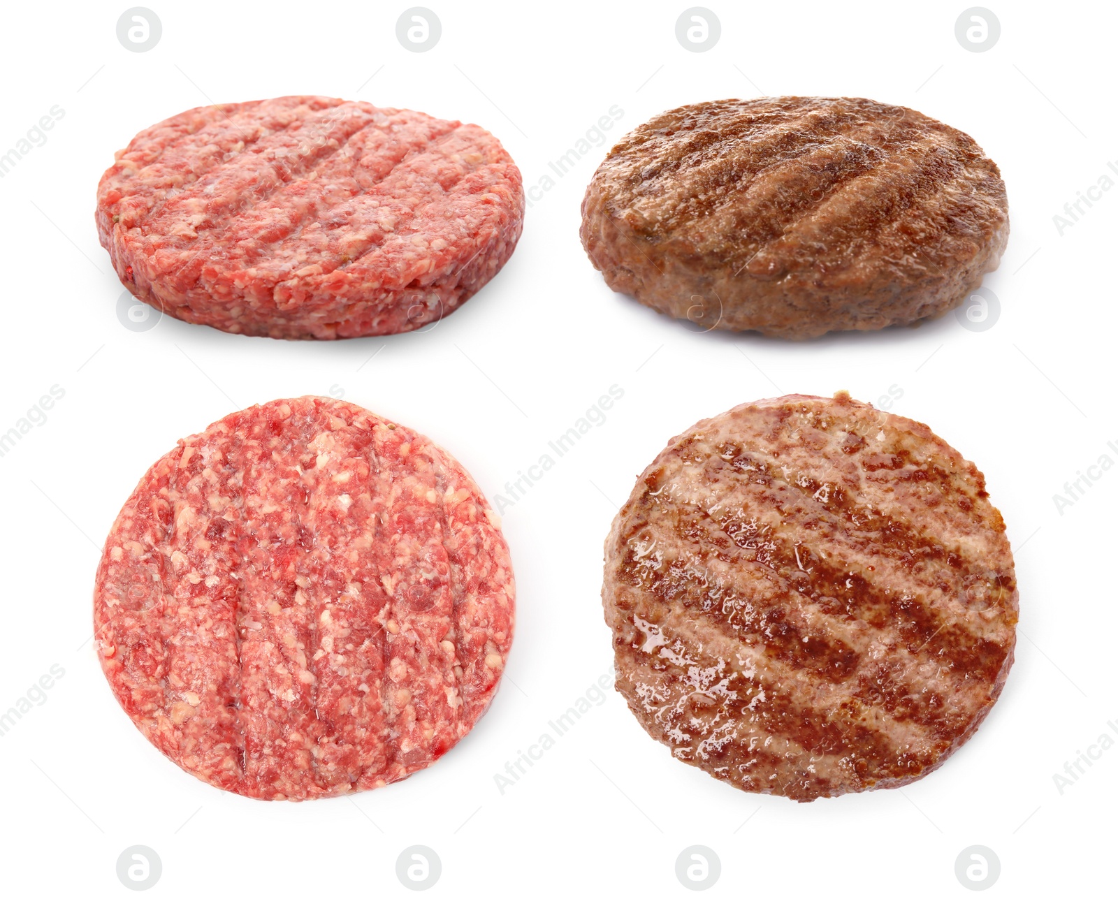 Image of Raw and grilled hamburger patties on white background, collage 