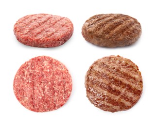 Raw and grilled hamburger patties on white background, collage 