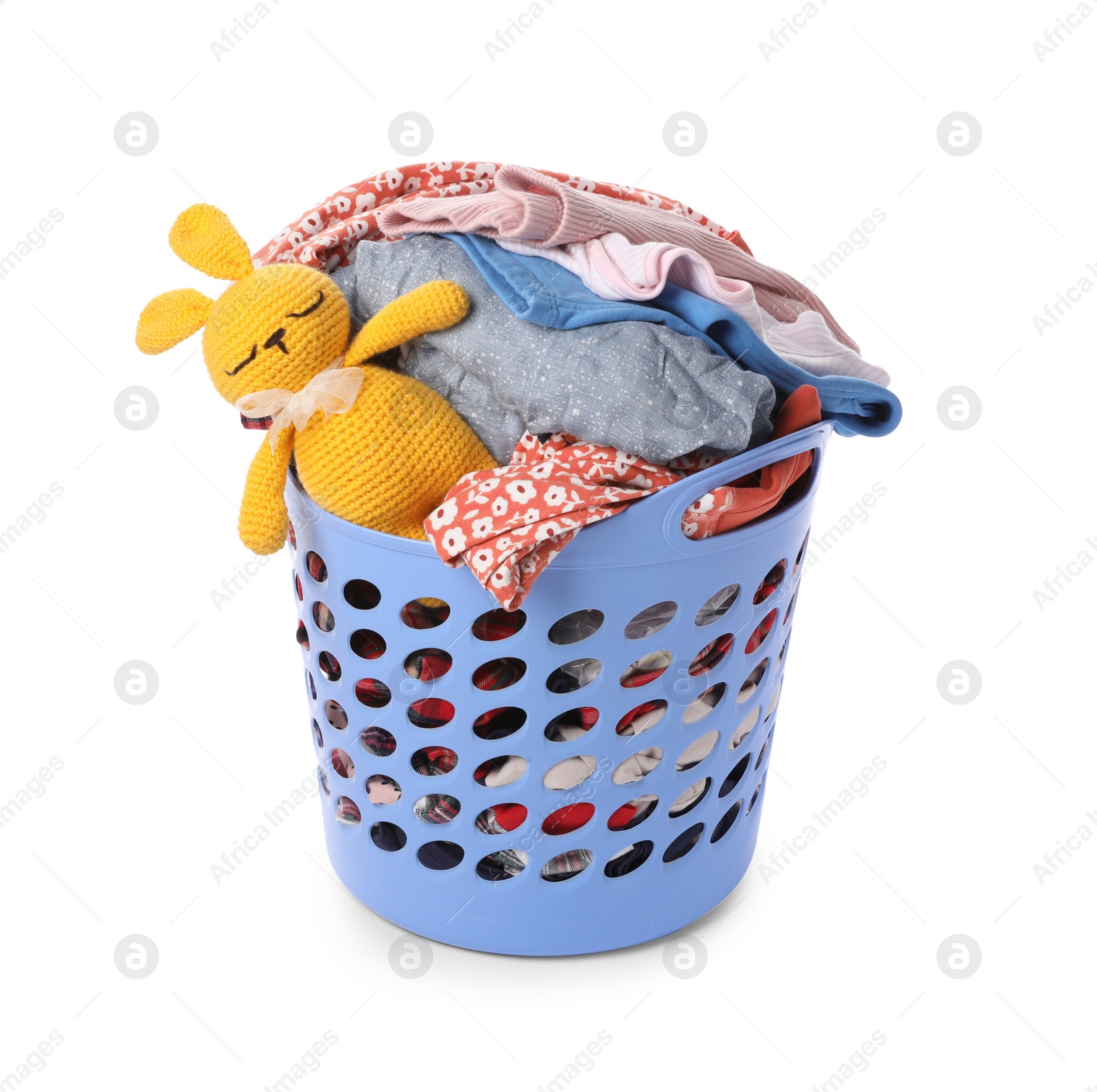 Photo of Laundry basket with baby clothes and soft toy isolated on white