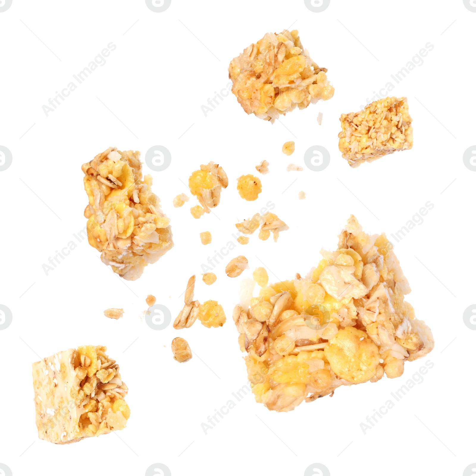 Image of Granola bar breaking in air on white background