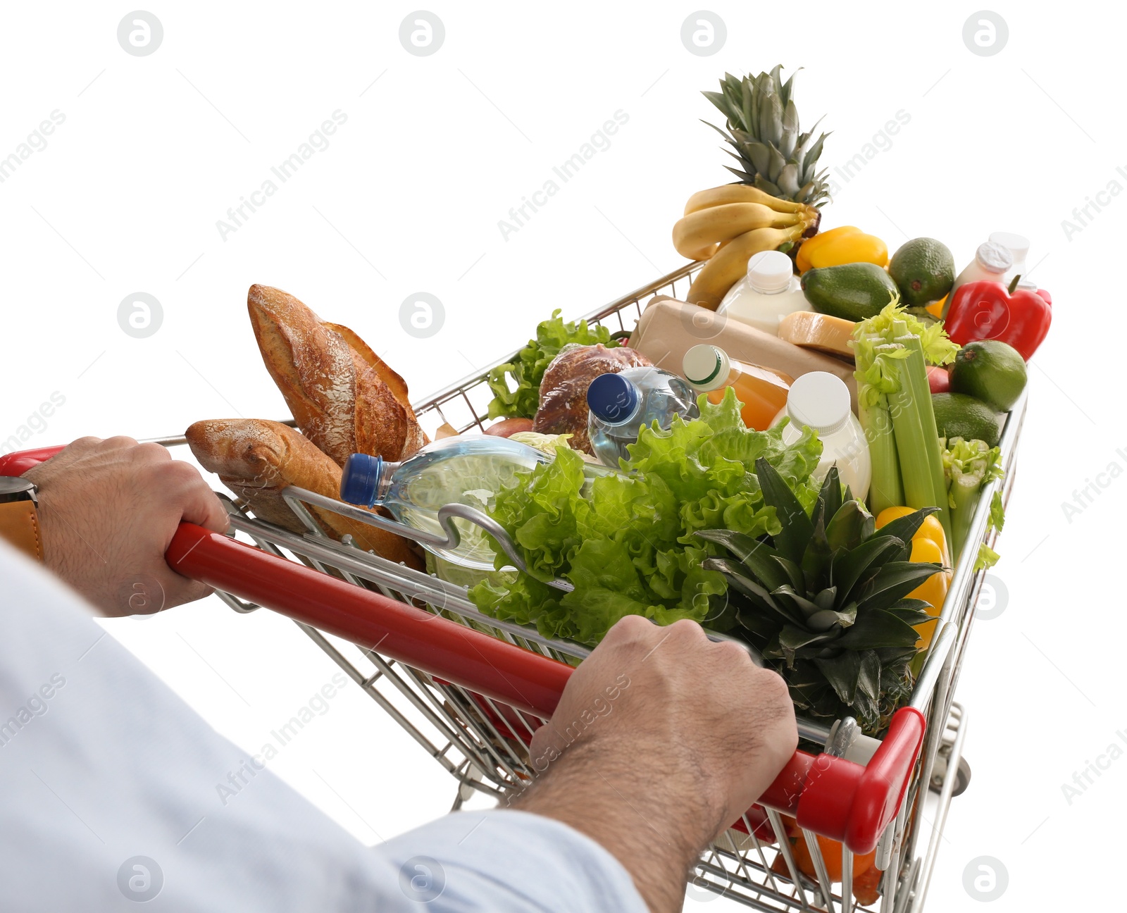 Photo of Man with shopping cart full of groceries on white background, closeup