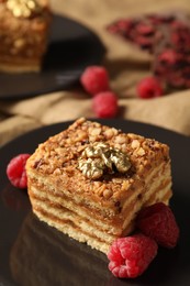 Photo of Pieces of delicious layered honey cake with nuts and raspberries on plate, closeup
