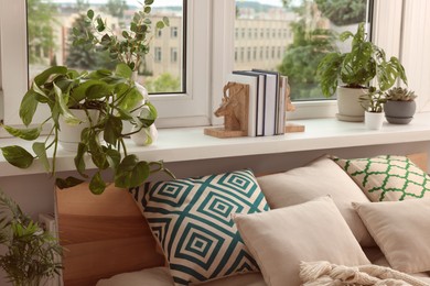 Photo of Beautiful house plants and books on windowsill indoors. Home design idea