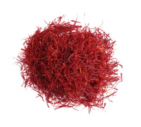 Photo of Heap of aromatic saffron on white background, top view