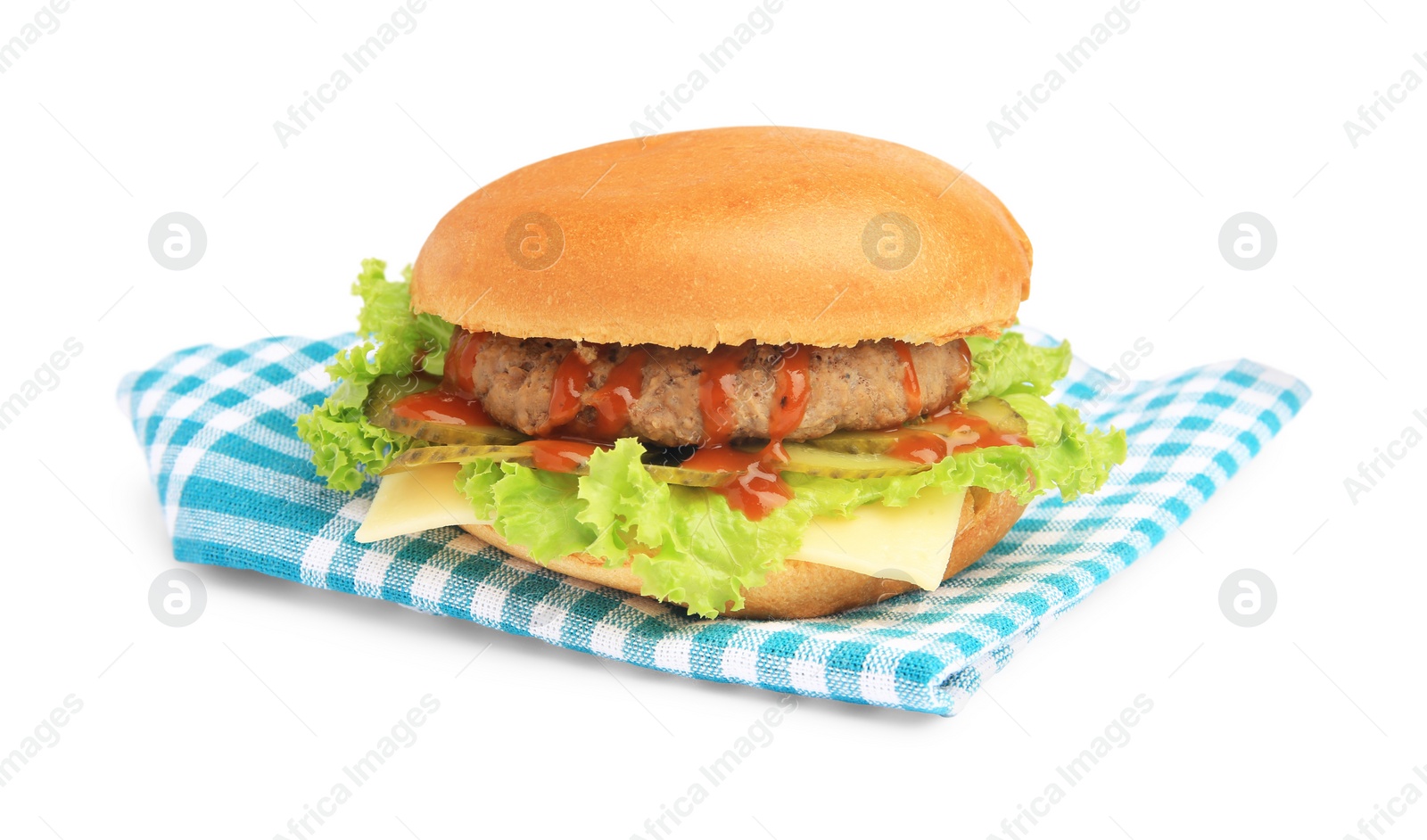 Photo of One tasty burger with patty, lettuce and cheese isolated on white
