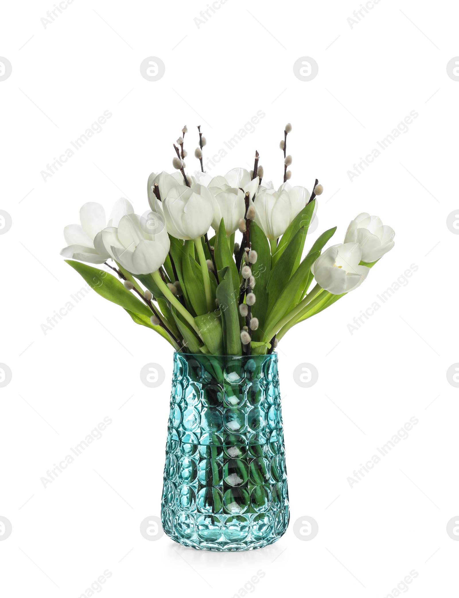 Photo of Beautiful bouquet of willow branches and tulips in vase isolated on white