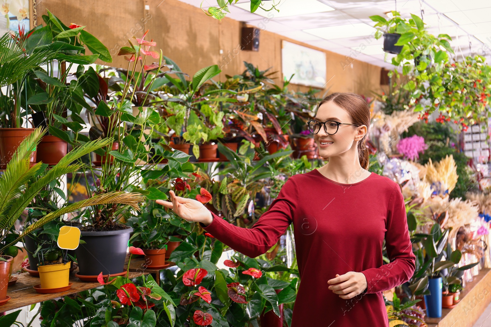 Photo of Female business owner showing flowers in her shop