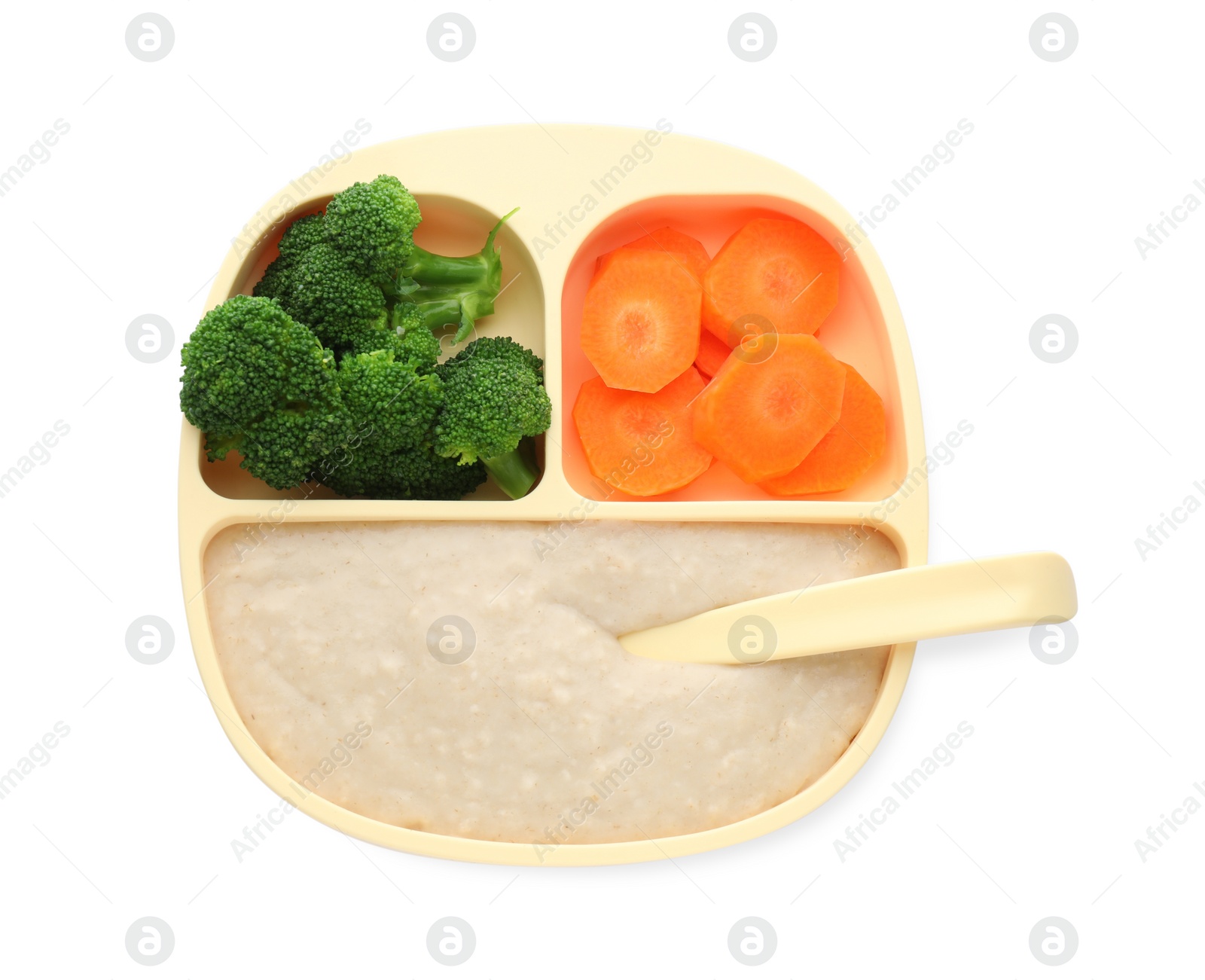 Photo of Healthy baby food in plate on white background, top view