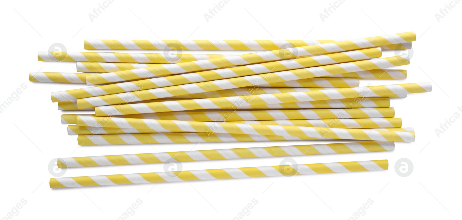 Photo of Striped paper cocktail straws on white background, top view