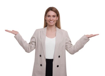 Portrait of beautiful happy businesswoman on white background