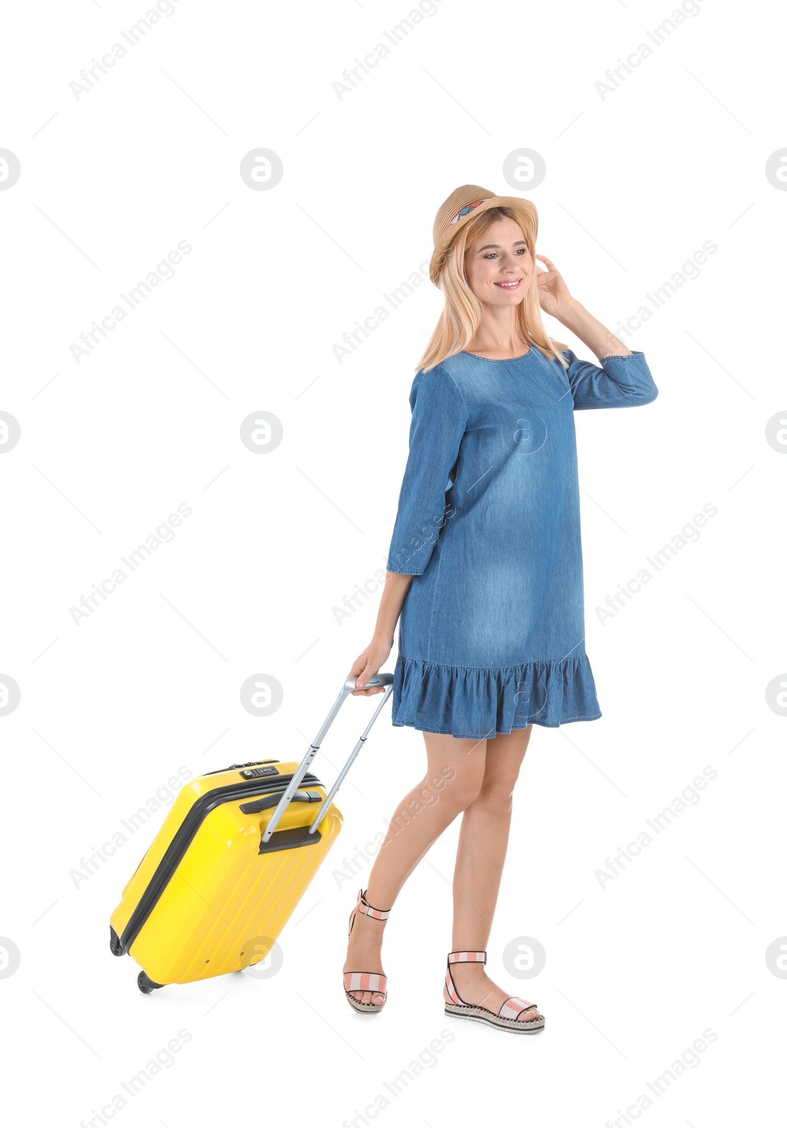 Photo of Woman with suitcase on white background. Vacation travel