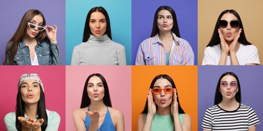 Image of Collage with photos of women blowing air kisses on different color background