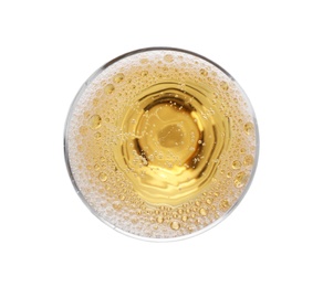 Glass of champagne on white background, top view. Festive drink