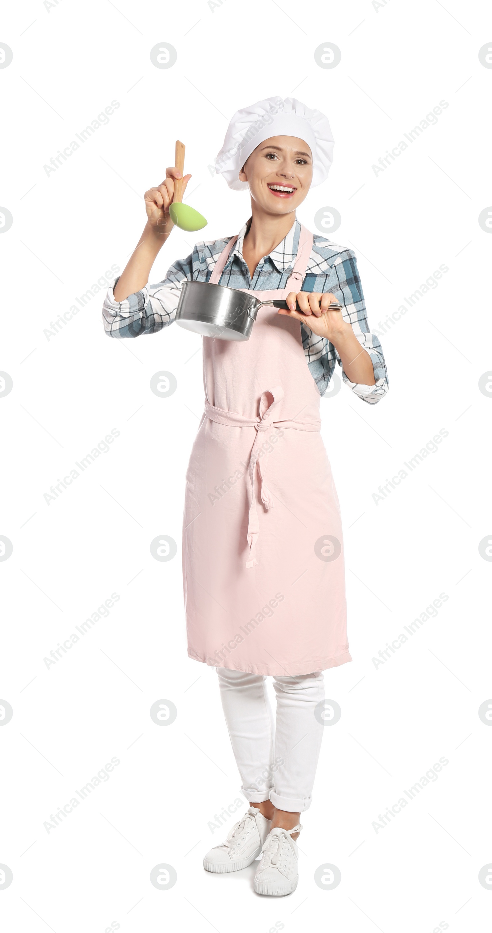 Photo of Female chef holding ladle and saucepan on white background