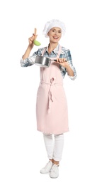 Photo of Female chef holding ladle and saucepan on white background