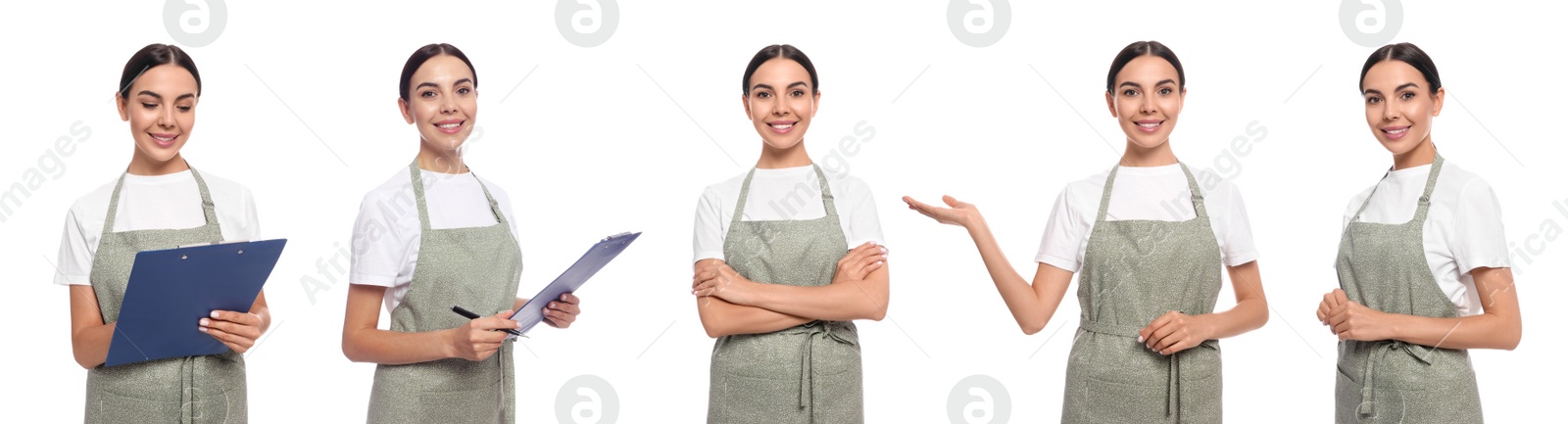 Image of Collage with photos of woman in apron on white background