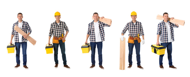 Collage of handsome carpenter on white background