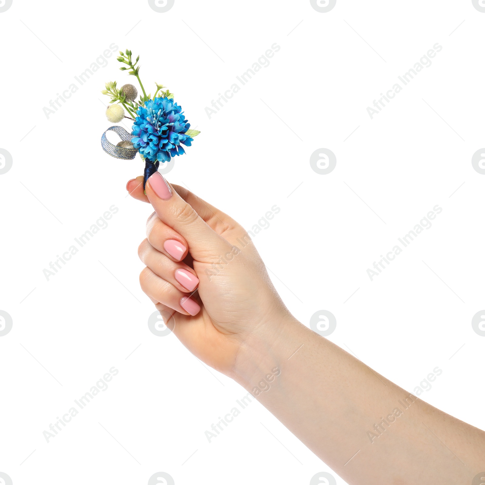 Photo of Woman holding stylish boutonniere on white background, closeup