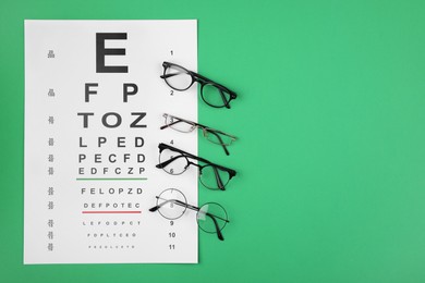 Vision test chart and glasses on green background, flat lay. Space for text