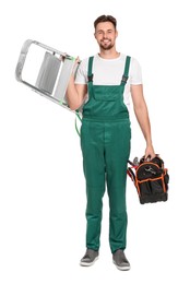 Photo of Worker in uniform holding metal ladder and instruments on white background