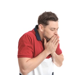 Man suffering from cough isolated on white