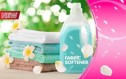 Fabric softener advertising design. Bottle of conditioner, soft clean towels, flying bubbles and flower petals