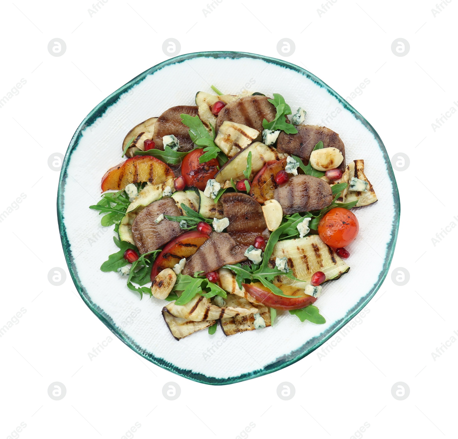 Photo of Delicious salad with beef tongue, grilled vegetables, peach and blue cheese isolated on white, top view