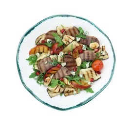 Delicious salad with beef tongue, grilled vegetables, peach and blue cheese isolated on white, top view