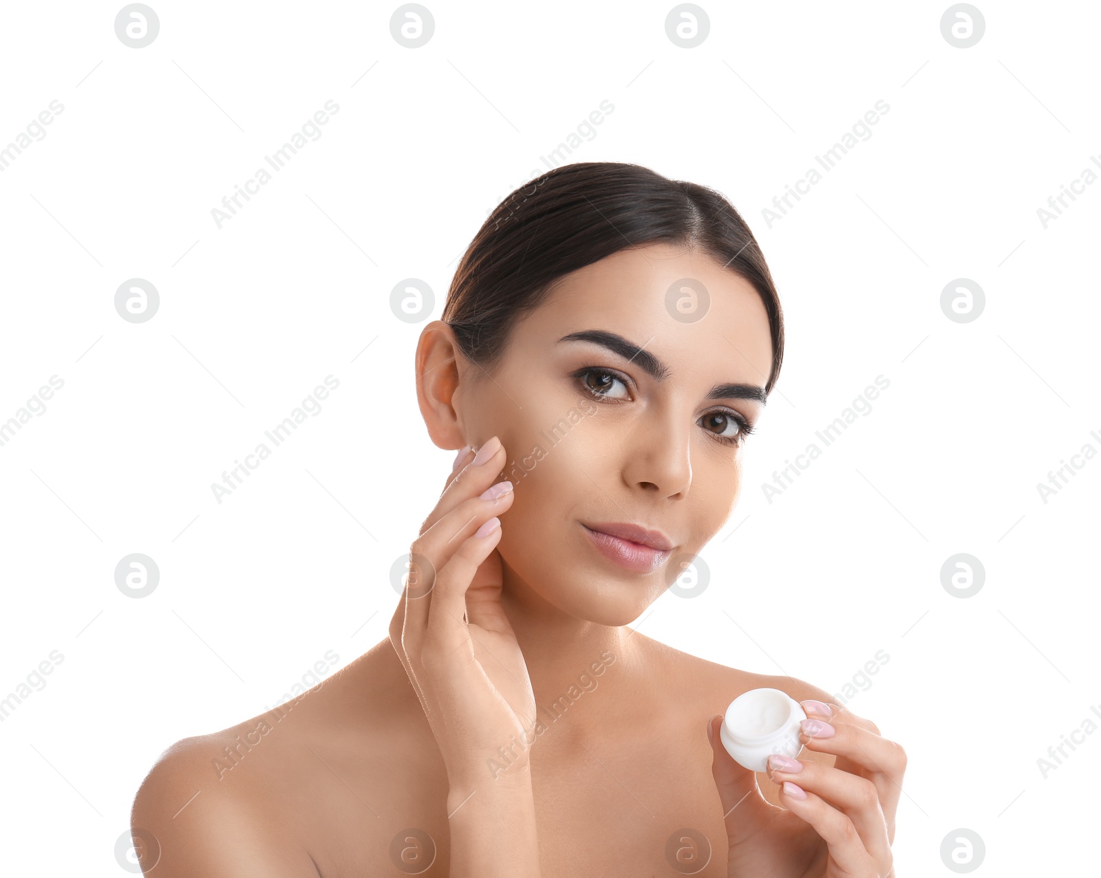 Photo of Portrait of young woman with jar of cream on white background. Beauty and body care