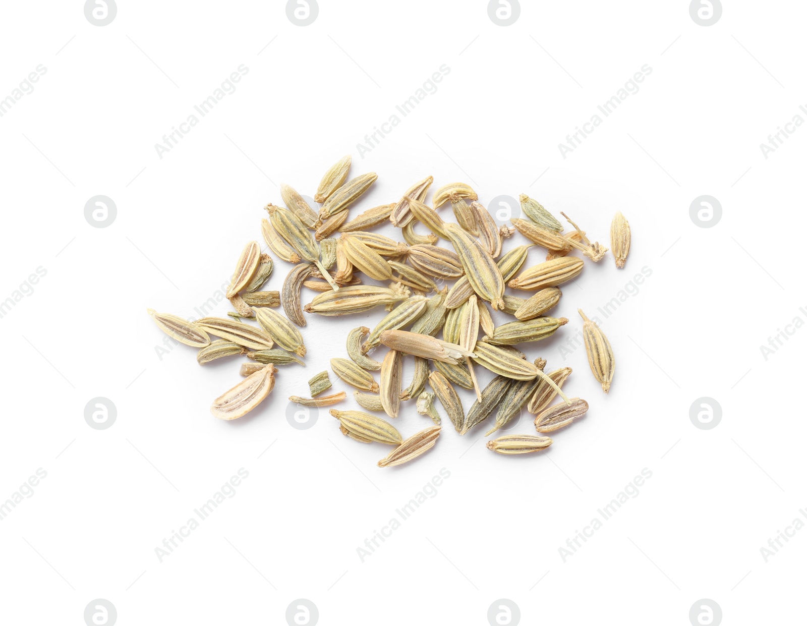 Photo of Pile of dry fennel seeds isolated on white, top view