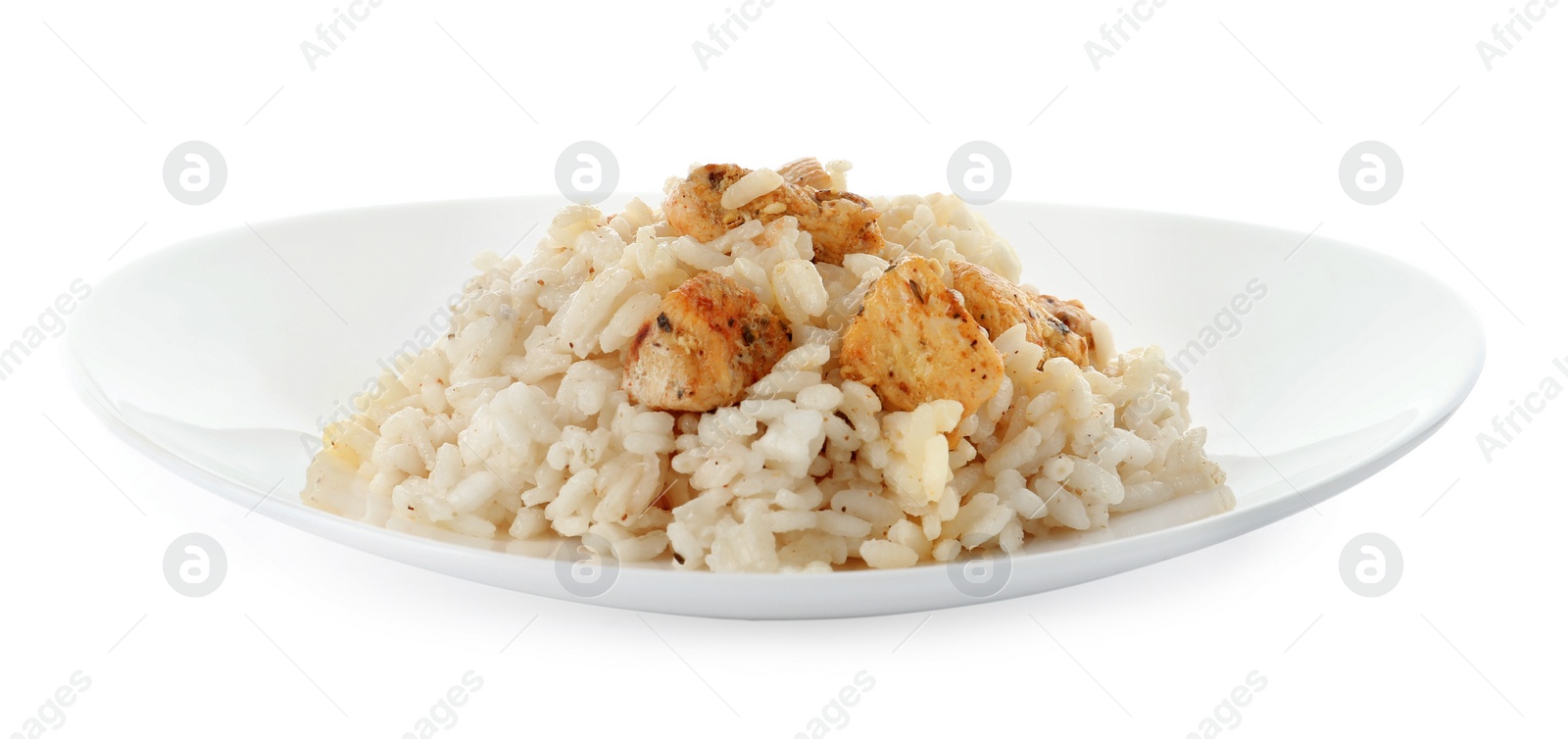 Photo of Delicious risotto with chicken isolated on white