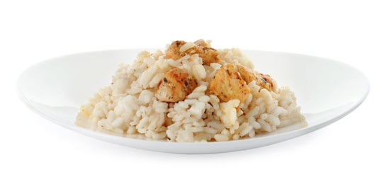 Delicious risotto with chicken isolated on white