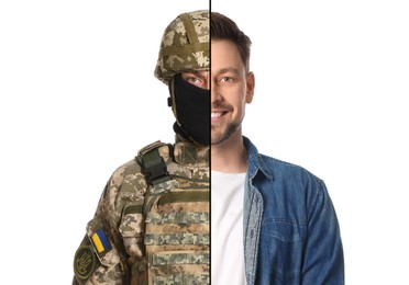 Military and civil man isolated on white, collage dividing portrait