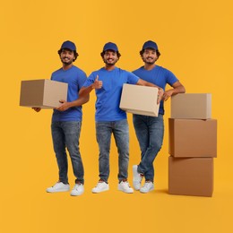 Delivery service. Happy courier with cardboard boxes on orange background, collage of photos