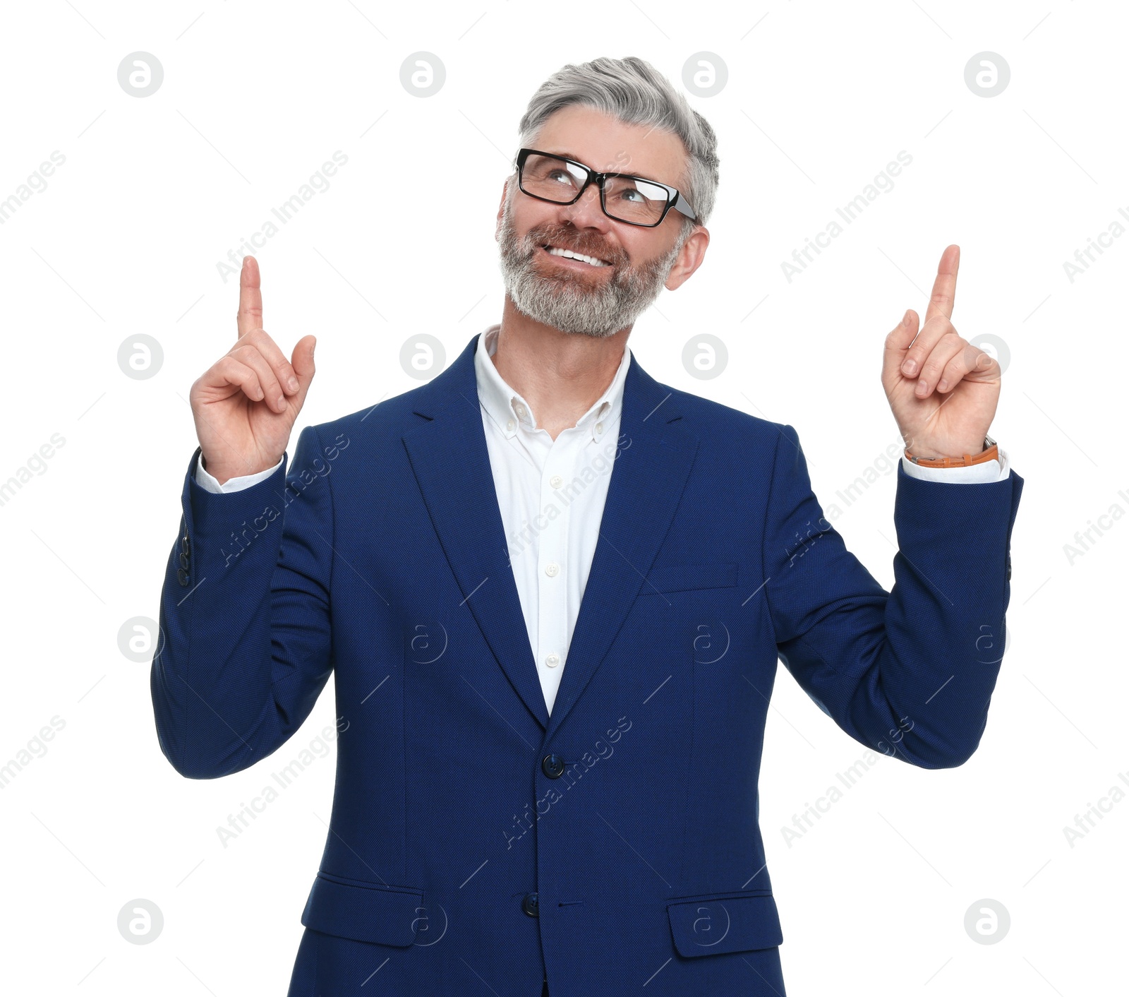 Photo of Mature businessman in stylish clothes posing on white background