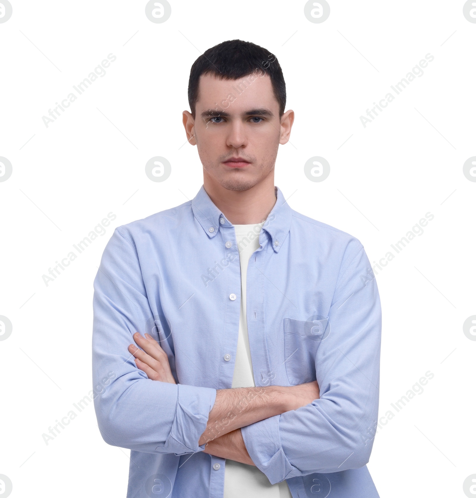 Photo of Portrait of sad man on white background