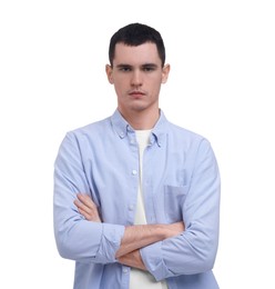 Portrait of sad man on white background