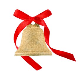 Photo of Golden shiny bell with red bow isolated on white. Christmas decoration