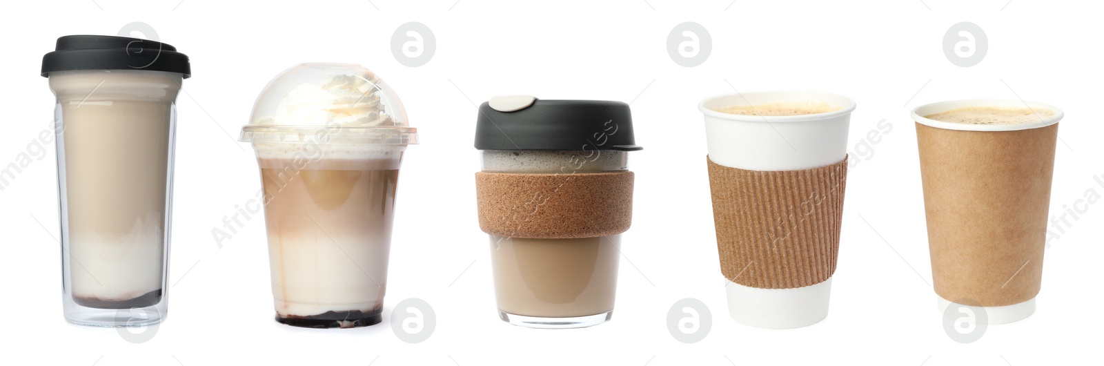 Image of Set of different coffee cups on white background. Banner design