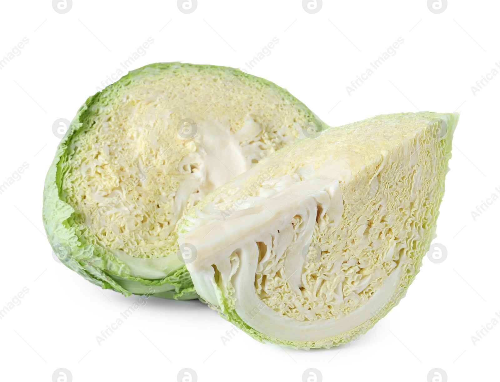 Photo of Fresh cut savoy cabbage isolated on white