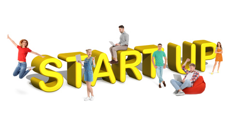 Image of Group of young people and phrase START UP on white background 