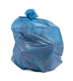 Photo of Full light blue garbage bag isolated on white