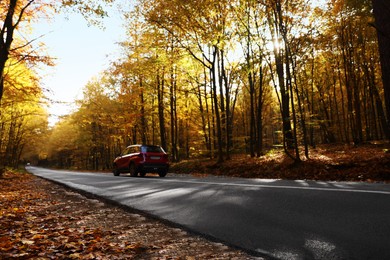 Photo of Modern car on asphalt road near autumn forest