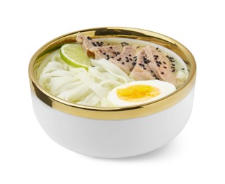 Photo of Bowl of delicious rice noodle soup with meat and egg isolated on white