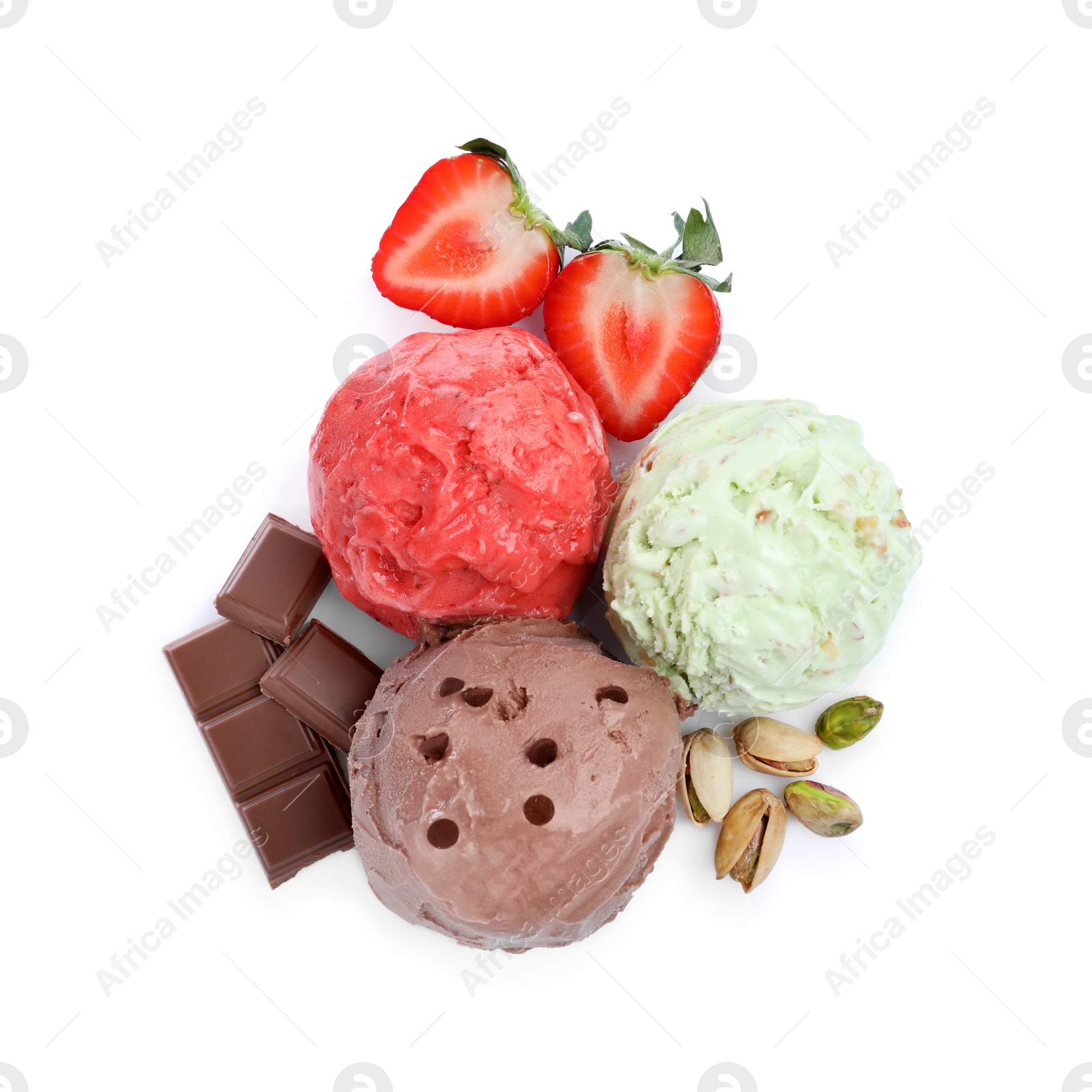 Photo of Scoops of different ice creams with strawberry, chocolate and pistachio nuts on white background, top view