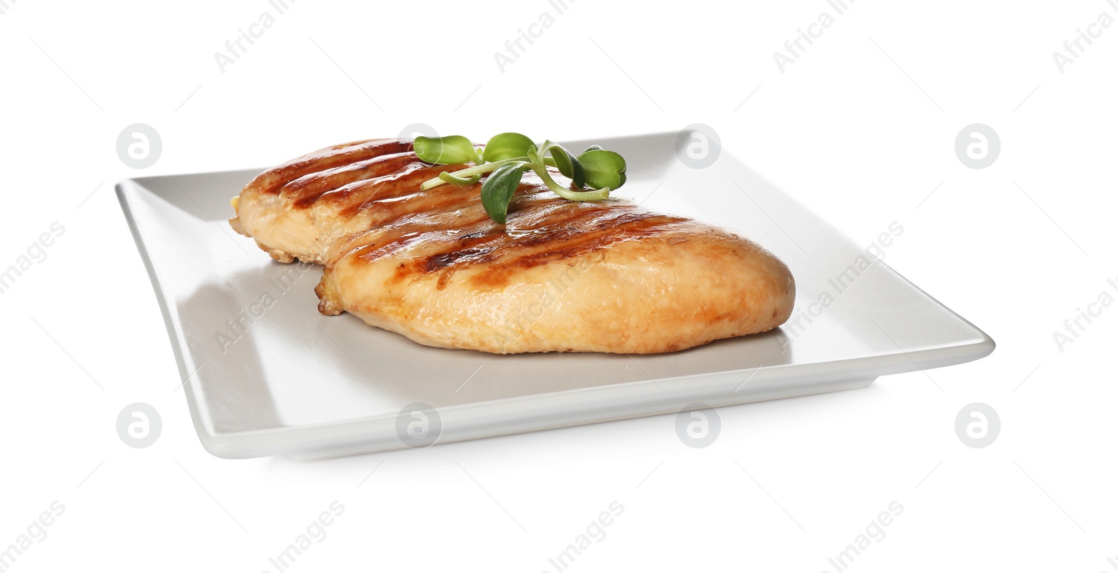 Photo of Tasty grilled chicken fillet with green sprouts isolated on white